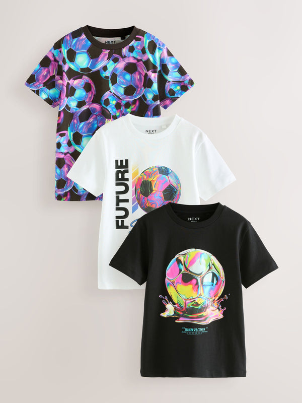 Black/White/Multi Football Regular Fit Graphic Print Short Sleeve T-Shirts 3 Pack (3-16yrs)