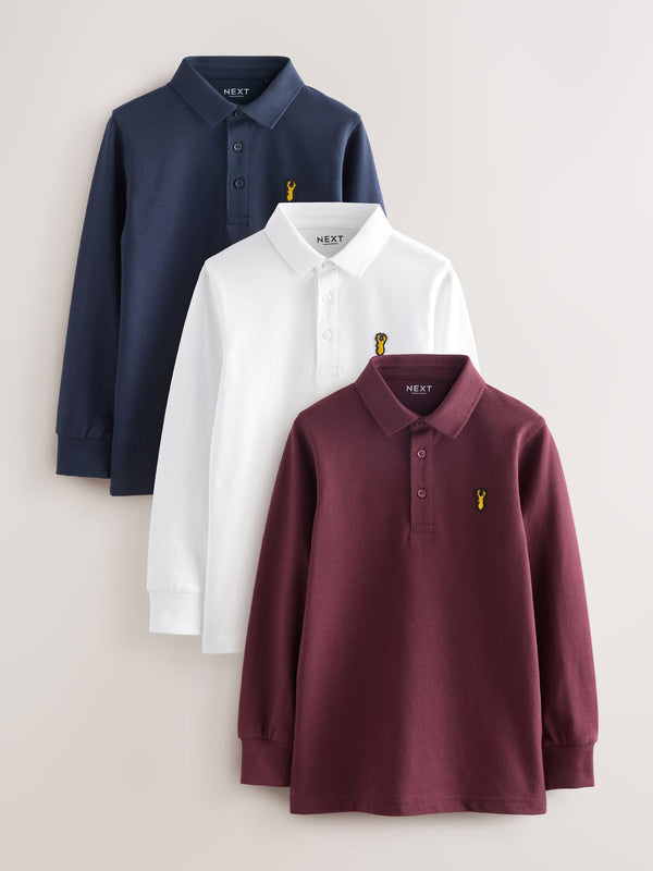 Navy/White/Berry Long Sleeve Polo Shirts 3 Pack (3-16yrs)