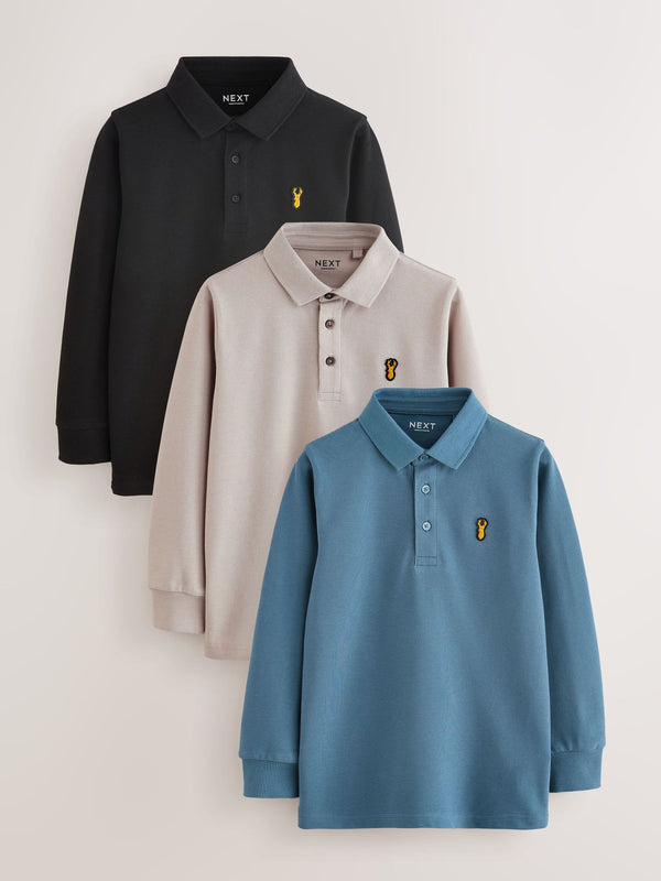 Blue/Black/Grey Long Sleeve Polo Shirts 3 Pack (3-16yrs)