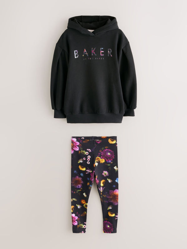 Baker by Ted Baker 2 Piece Longline Black Hoodie and Printed Leggings Set