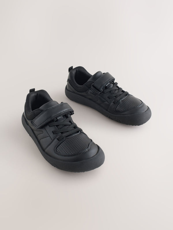 Black Barefoot Leather 1 Strap Elastic Lace School Shoes