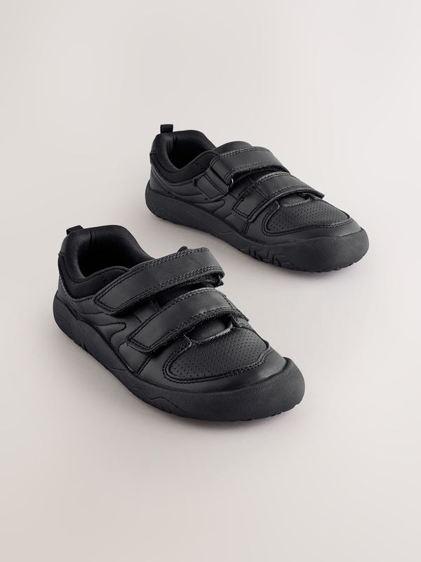 Black Barefoot Leather 2 Strap Touch Fastening School Shoes