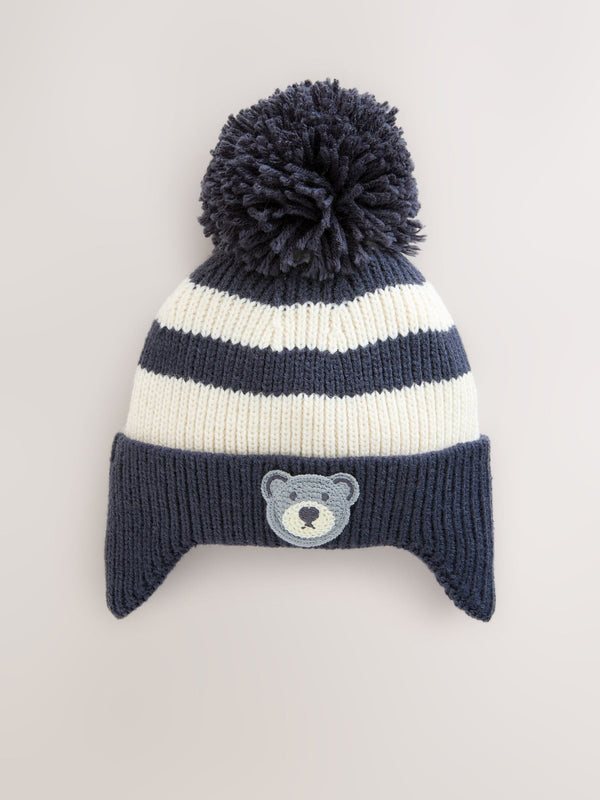 Navy Blue/White Bear Ear-Cover Pom Beanie Hat (3mths-10yrs)