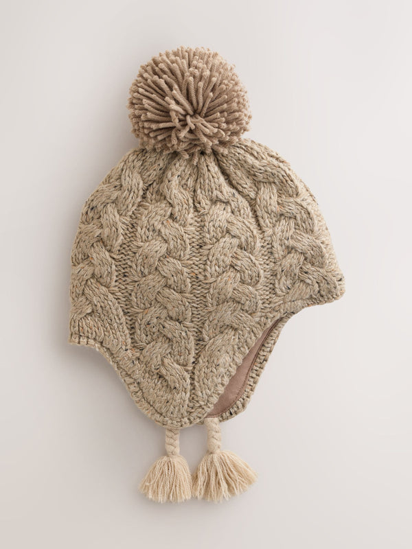 Neutral Cable Knit Inca Pom Hat (3mths-10yrs)