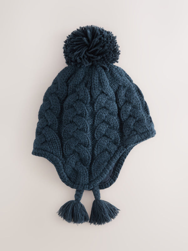 Navy Blue Cable Knit Inca Pom Hat (3mths-10yrs)