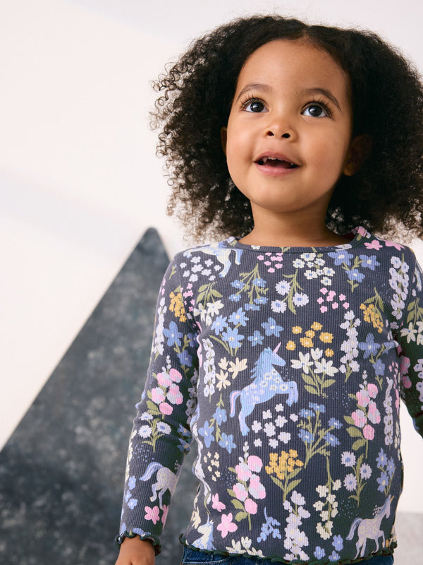 Navy Floral Unicorn Print Long Sleeve Ribbed T-Shirt (3mths-7yrs)
