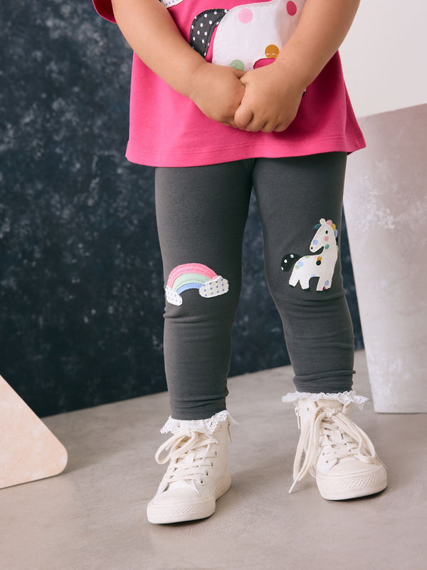 Charcoal Grey Unicorn Knee Embellished Leggings (3mths-7yrs)