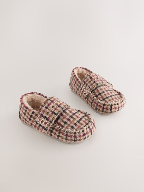 Brown Plaid Touch Fastening Moccasin Slippers