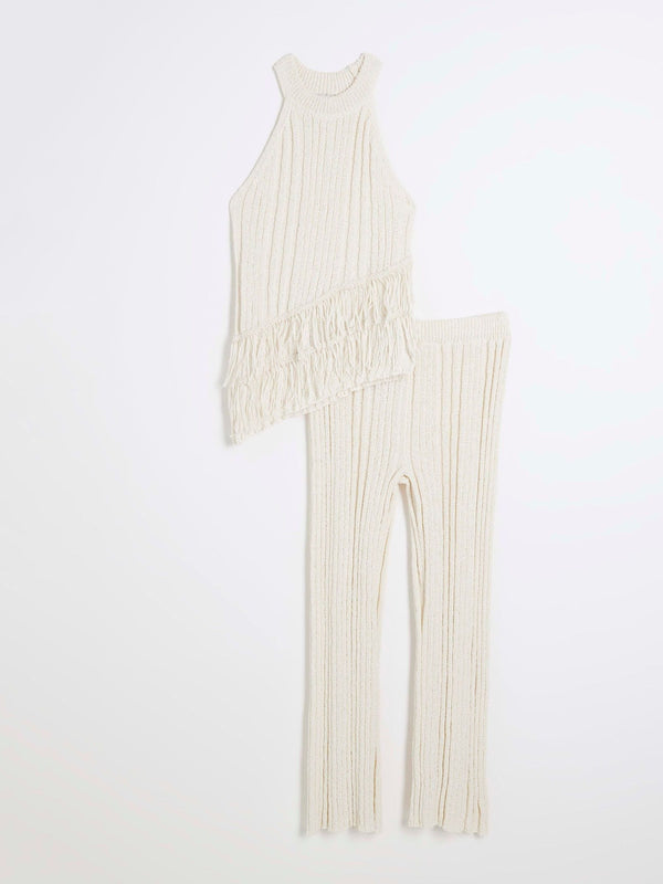 River Island Cream Asymmetrical Rib Fringe Set