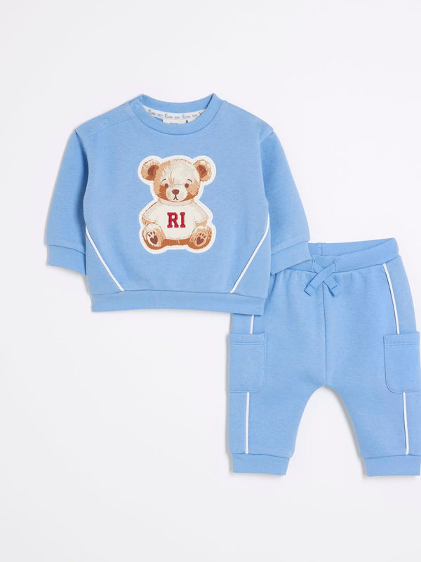 River Island Blue Baby Boys Blue Bear Sweat Set