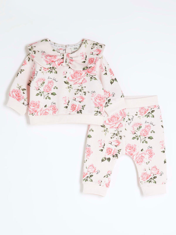 River Island Pink Baby Girls Rose Print Sweat Top & Joggers Set