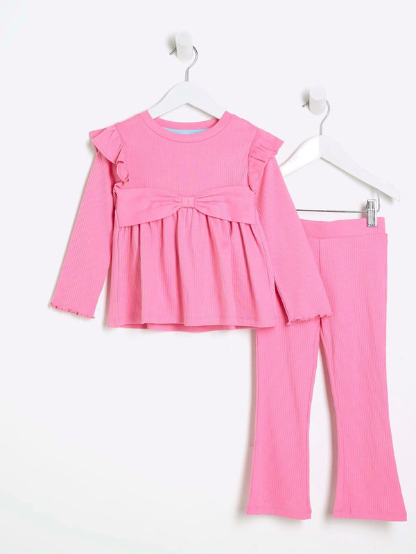 River Island Pink Girls Bow Peplum Kickflare Set