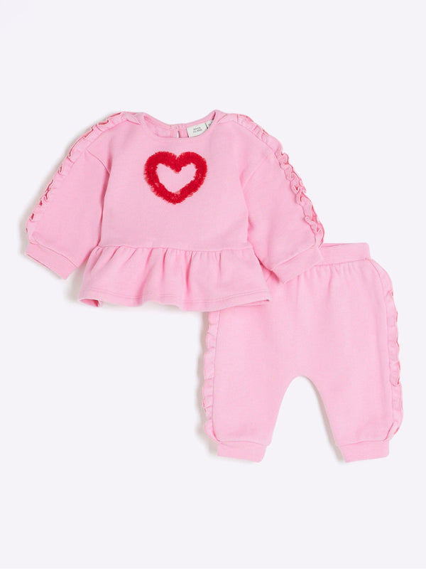 River Island Pink Baby Girls Ruffle Trimmed Sweat Top & Joggers Set