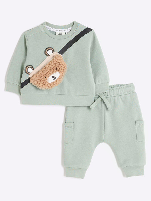 River Island Green Green Baby Boys Fleece Bear Sweatshirt Set