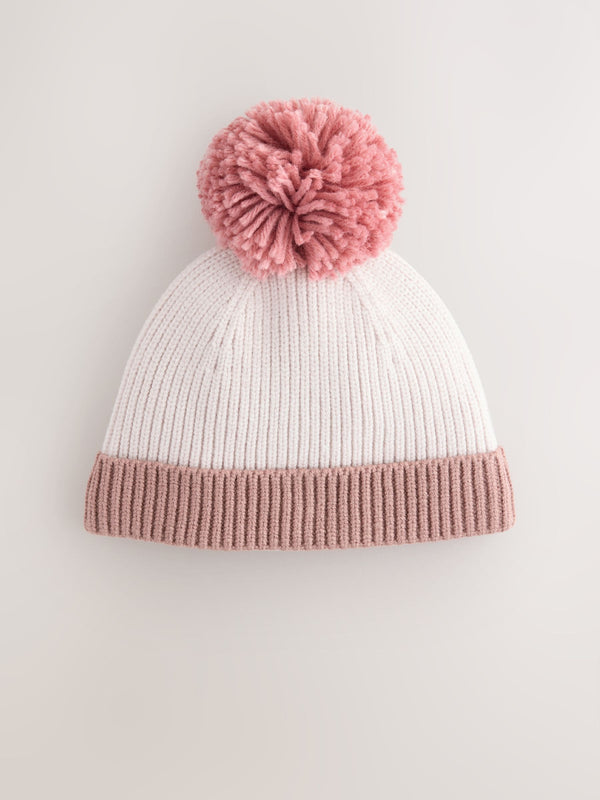 Pink/Cream Colourblock Baby Knitted Pom Beanie (0mths-2yrs)
