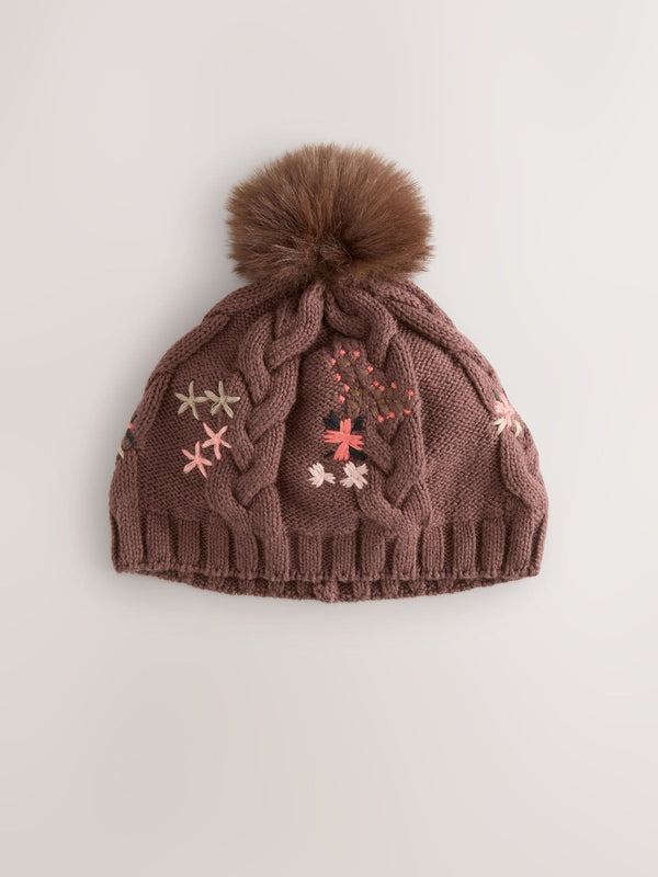 Brown Floral Embroidered Pom Baby Beanie Hat (0mths-2yrs)