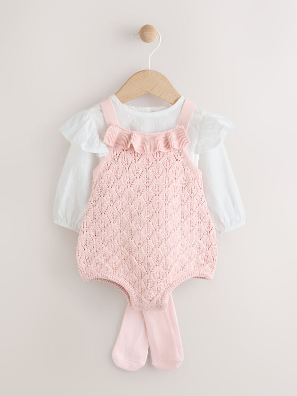 Pink/ White Baby Romper and Knitted Dungarees with Tights 3 Piece Set (0mths-2yrs)