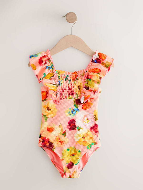 Pink Floral Shirred Frill Sleeve Swimsuit (3-16yrs)