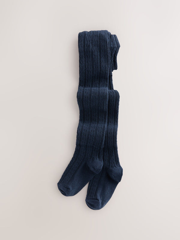 Navy Blue Longer Length Cotton Rich Cable Tights