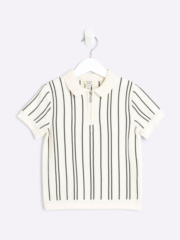 River Island Cream Chrome Vertical Stripe 100% Cotton Polo Shirt