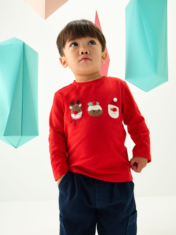 Red Trio Character Appliqué Christmas Long Sleeve T-Shirt (3mths-7yrs)