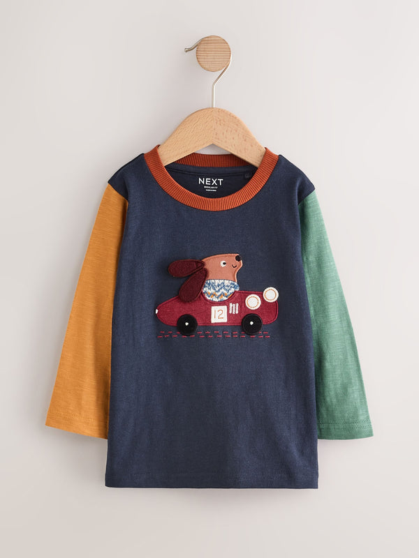 Navy Hotchpotch Dog Car Long Sleeve Appliqué T-Shirt (3mths-7yrs)