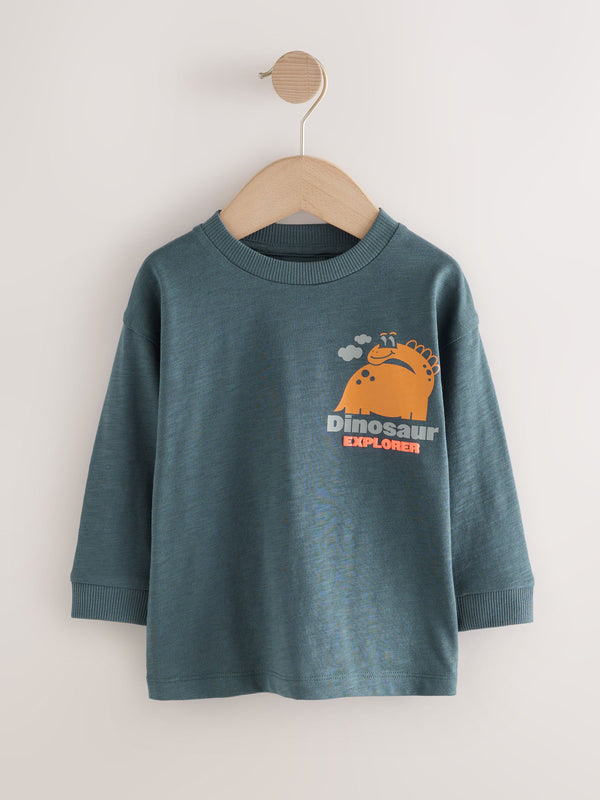 Charcoal Grey Dinosaur Long Sleeve Back Print T-Shirt (3mths-7yrs)