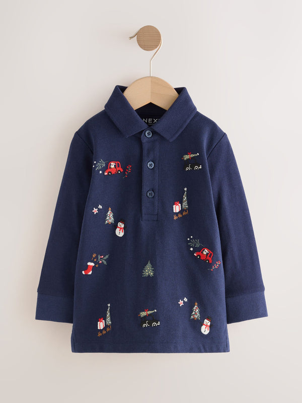 Navy Christmas All-Over Embroidered Long Sleeve Polo Shirt (3mths-7yrs)
