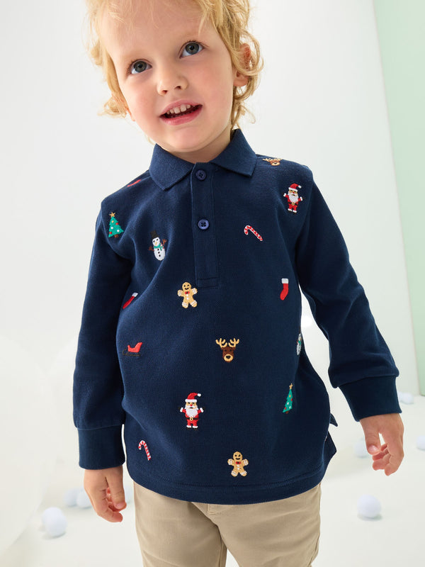 Navy Christmas All-Over Embroidered Long Sleeve Polo Shirt (3mths-7yrs)