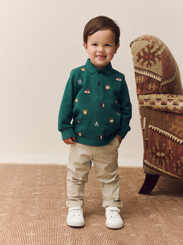 Green Woodland All-Over Embroidered Long Sleeve Polo Shirt (3mths-7yrs)