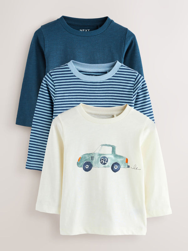 Blue Watercolour Car Long Sleeve Animal Print Character T-Shirts 3 Pack (3mths-7yrs)