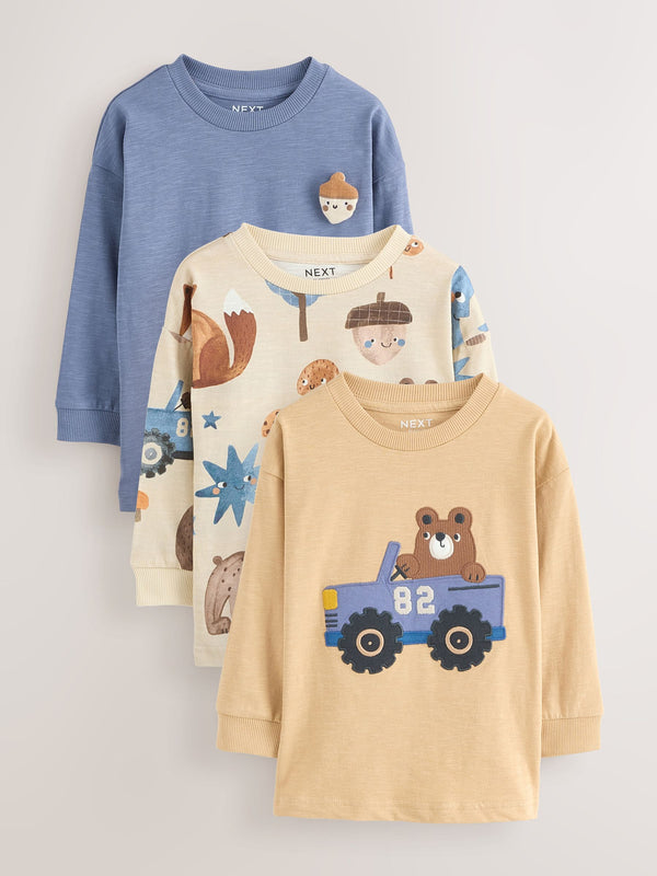 Blue Woodland Long Sleeve Appliqué T-Shirts 3 Pack (3mths-7yrs)
