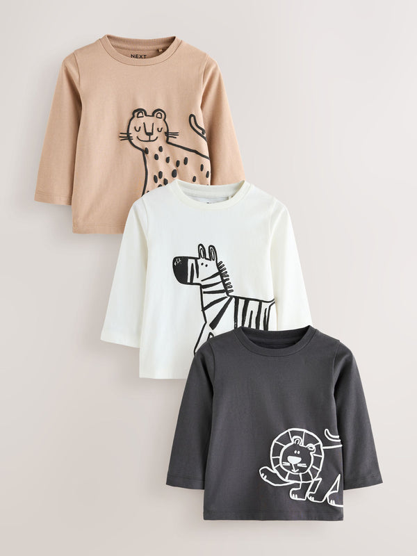Tan/White/Black Safari Long Sleeve Graphic Print T-Shirts 3 Pack (3mths-7yrs)