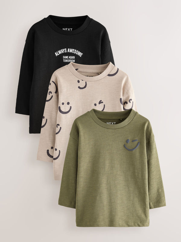 Khaki/Cream Smile Long Sleeve Animal Print Character T-Shirts 3 Pack (3mths-7yrs)