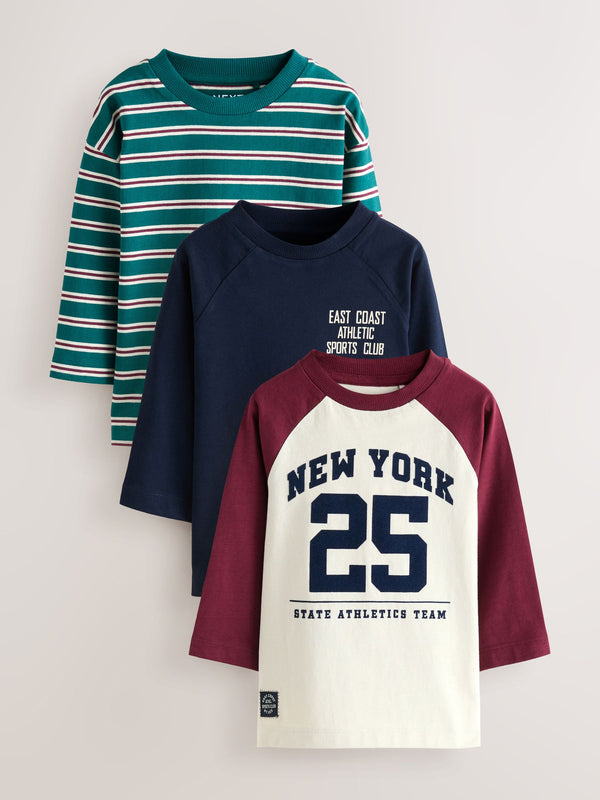 Navy Varsity Long Sleeve Graphic Print T-Shirts 3 Pack (3mths-7yrs)