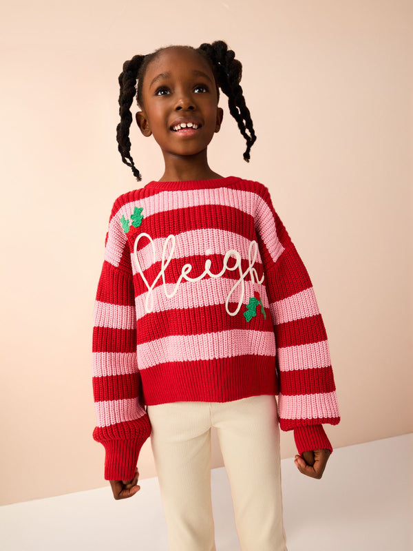 Red/Pink Sleigh Stripe Christmas Jumper (3-16yrs)