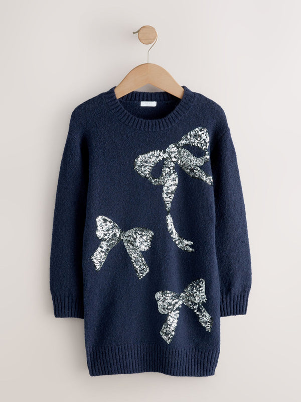 Navy Bow Embellished Knit Jumper Dress (3-16yrs)