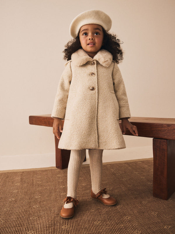 Cream Faux Fur Collar Hooded Coat with Wool (3mths-7yrs)