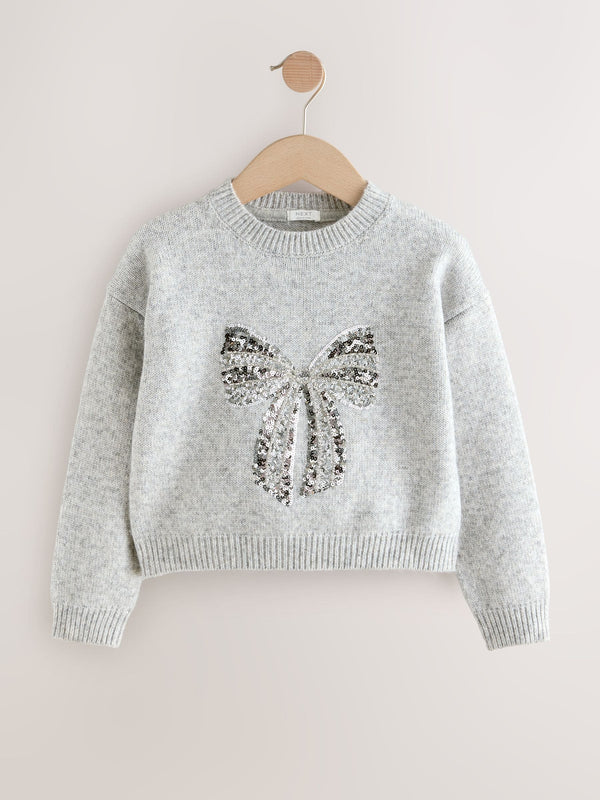 Grey Sequin Bow Jumper (3-16yrs)