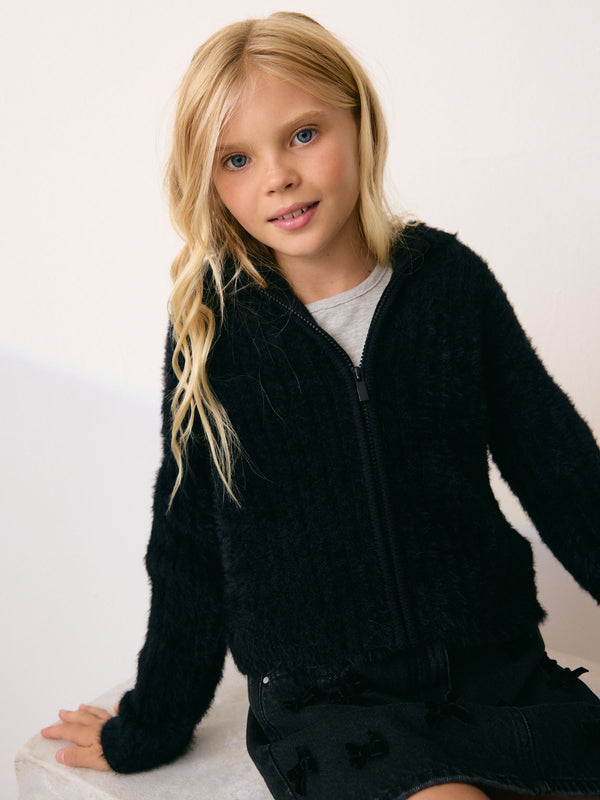 Black Fluffy Zip Through Hoodie (3-16yrs)