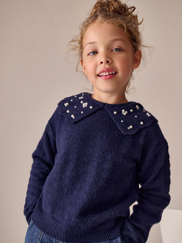 Navy Pearl Collar Jumper (3-16yrs)
