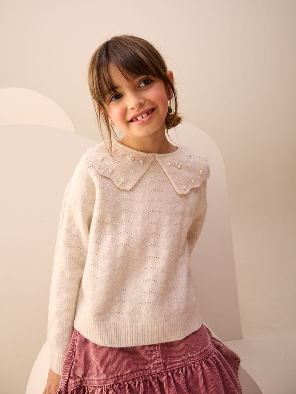 Ecru Pearl Collar Jumper (3-16yrs)