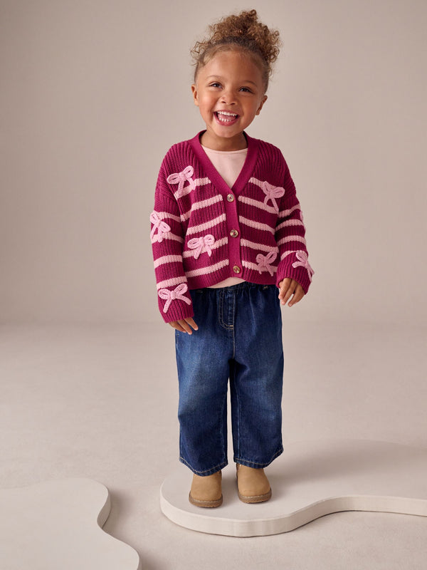 Pink Bow Stripe V-Neck Cardigan (3mths-7yrs)
