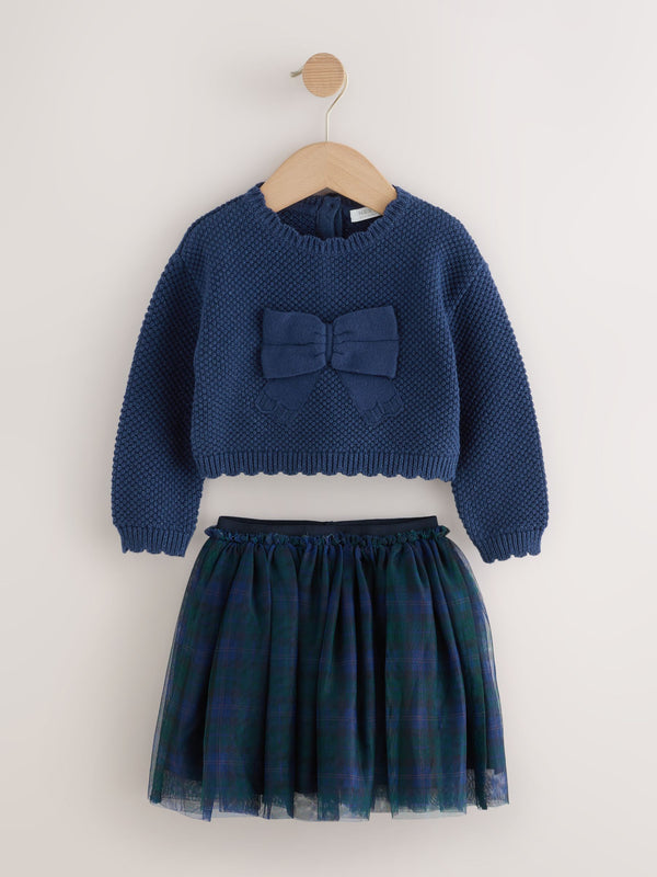 Navy Bow Knitted Jumper and Tartan Skirt Set (3mths-10yrs)