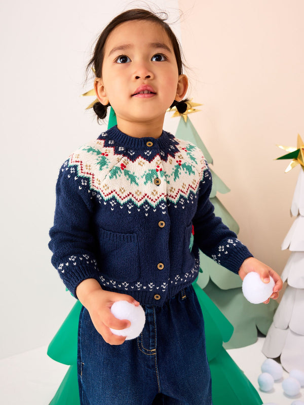 Navy Christmas Holly Cardigan (3mths-7yrs)