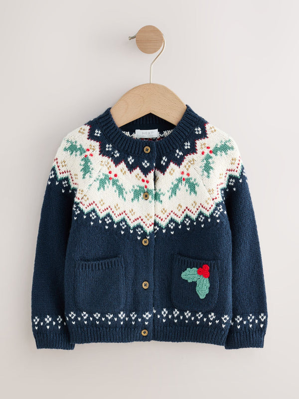 Navy Christmas Holly Cardigan (3mths-7yrs)