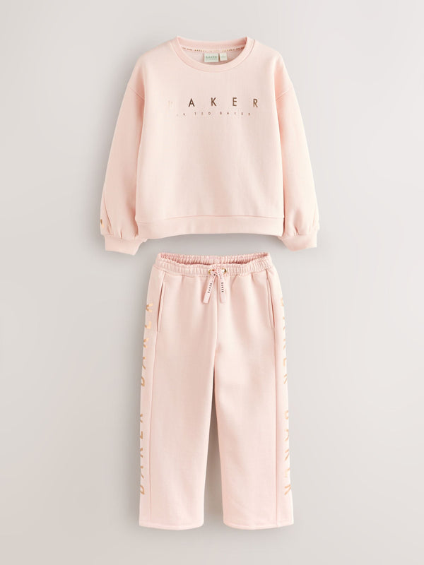 Baker by Ted Baker Pink 2 Piece Metallic Side Graphic Sweat & Wide Leg Joggers Set