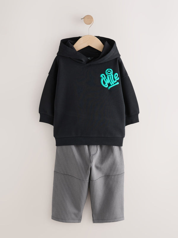 Black and Grey Printed Hoodie and Carpenter Joggers Set (3mths-7yrs)