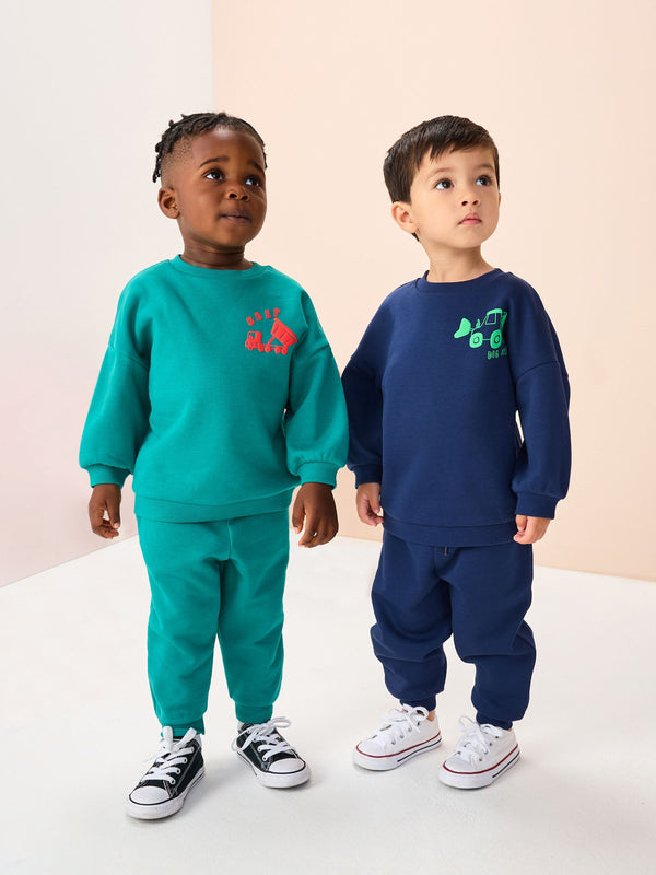 Navy Blue / Green Transport Printed 2 Pack Printed Crew and Joggers Set (3mths-7yrs)