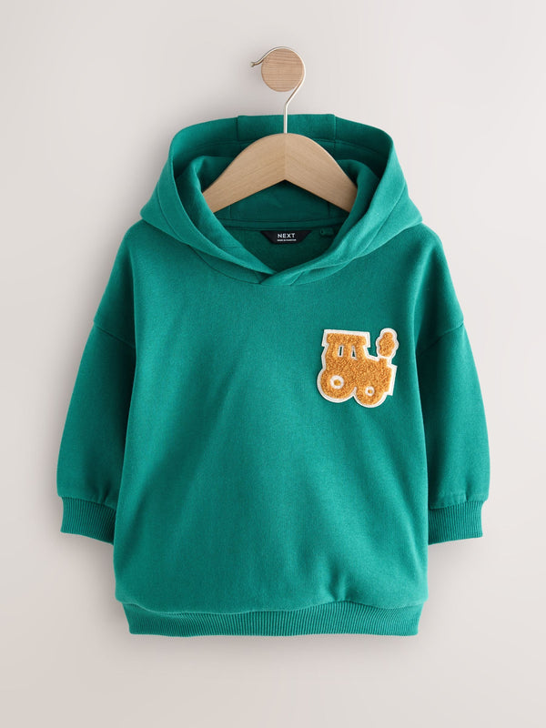 Green/Yellow Tractor Print Long Sleeve Appliqué Hoodie (3mths-7yrs)